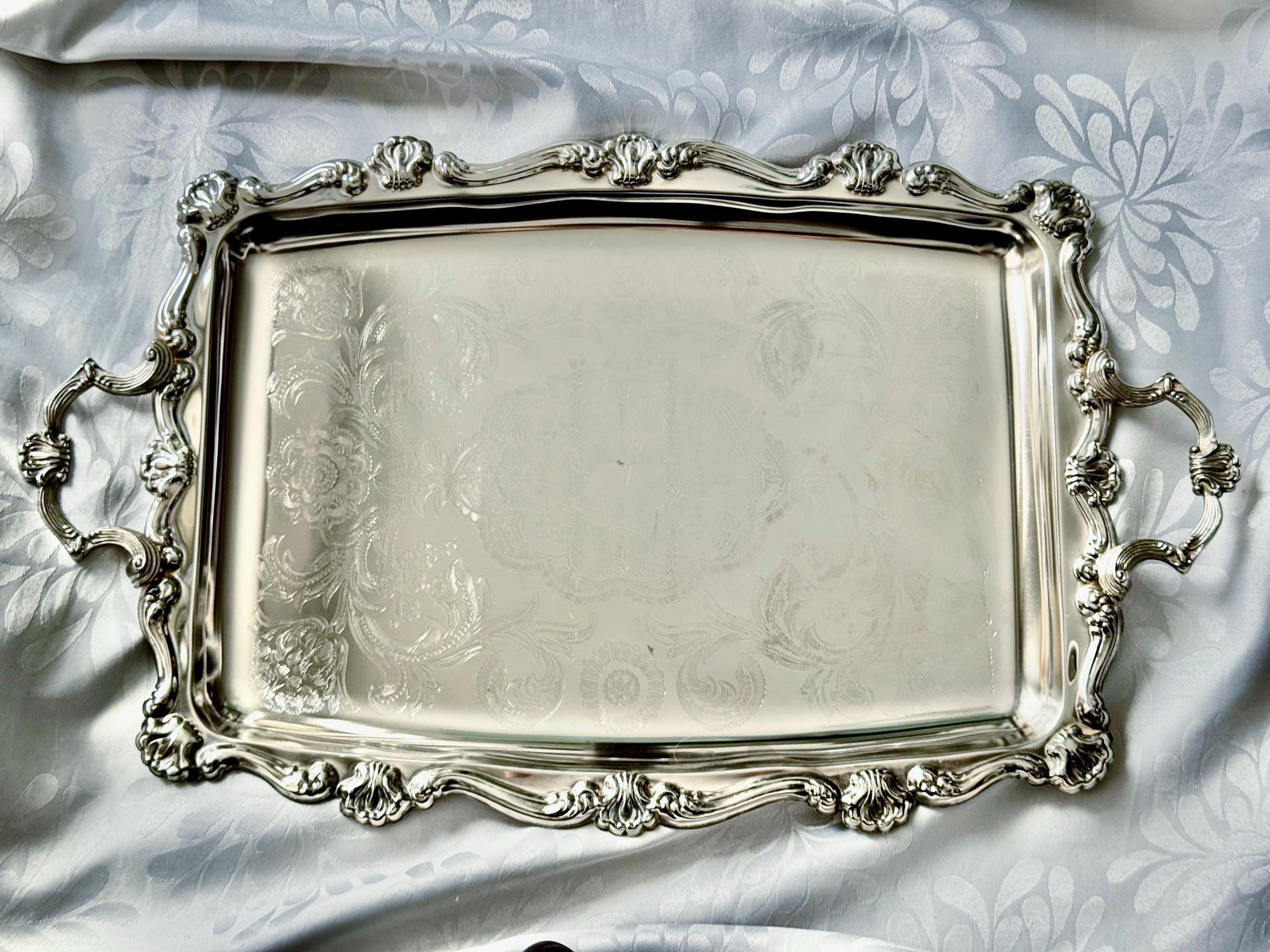Vintage Silver Plated Serving Tray – Ornate Handled & Footed – Bar Cart Vanity Tablescape – Sold Individually