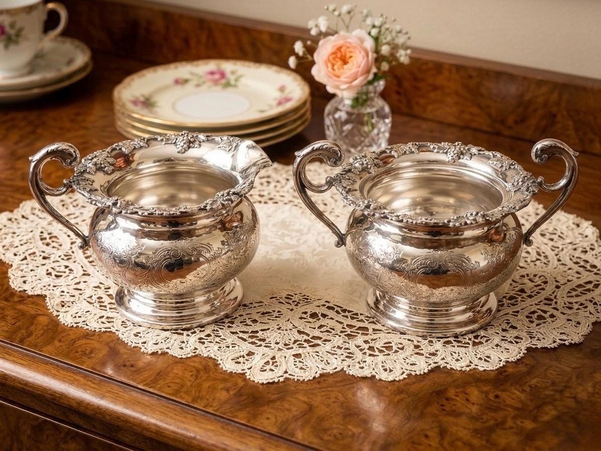 Vintage Silverplate Creamer Sugar Set – Ornate Victorian Mid-Century Styles
