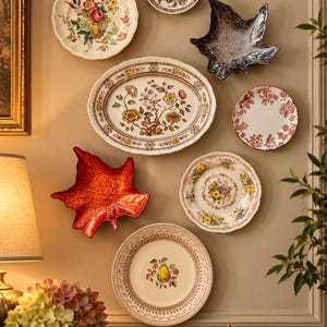 May include: A collection of decorative wall plates and leaf-shaped dishes arranged on a wall. The display includes floral patterned plates, a red leaf dish, a dark metallic leaf dish, and a plate featuring a central pear illustration.
