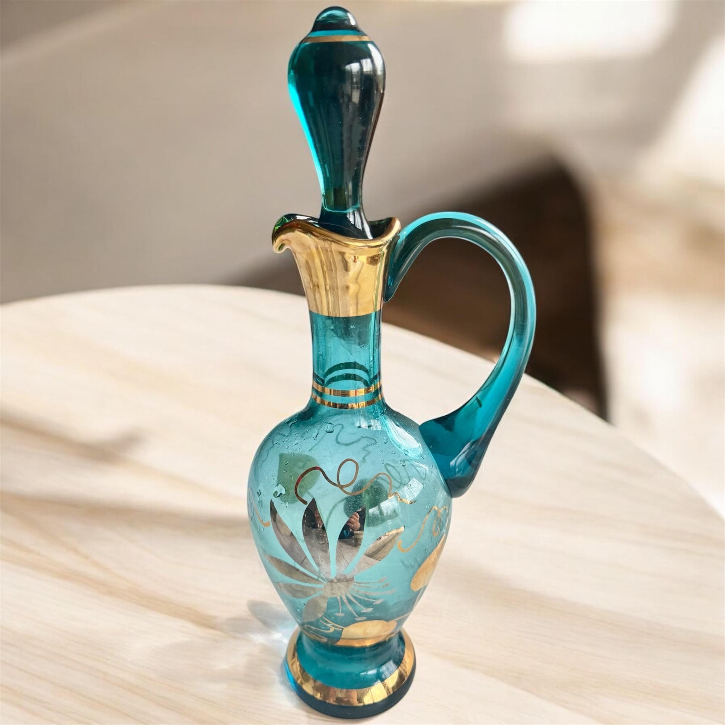 Vintage Bohemia Glass Decanter: Teal Blue, 22K Gold Floral Ewer