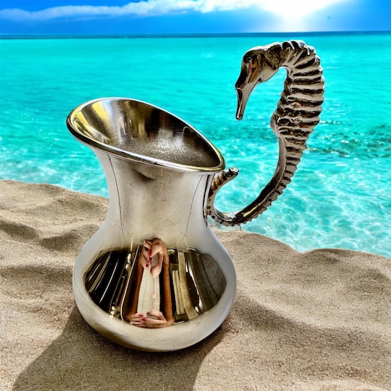 Vintage Los Castillo Silver-Plated Pitcher – Seahorse Handle, Mid-Century Mexican