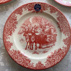 New Vintage Style Transferware - Red Christmas Plates - Christmas Eve Santa - Royal Stafford England image 8
