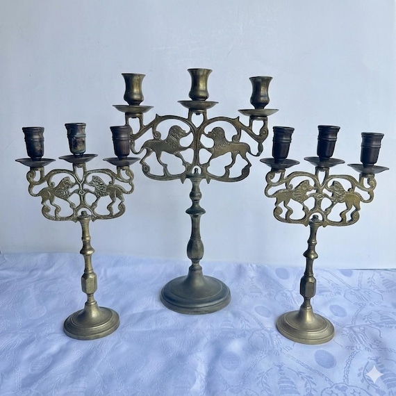 Vintage Brass Lion of Judah Candelabras – Sold individually