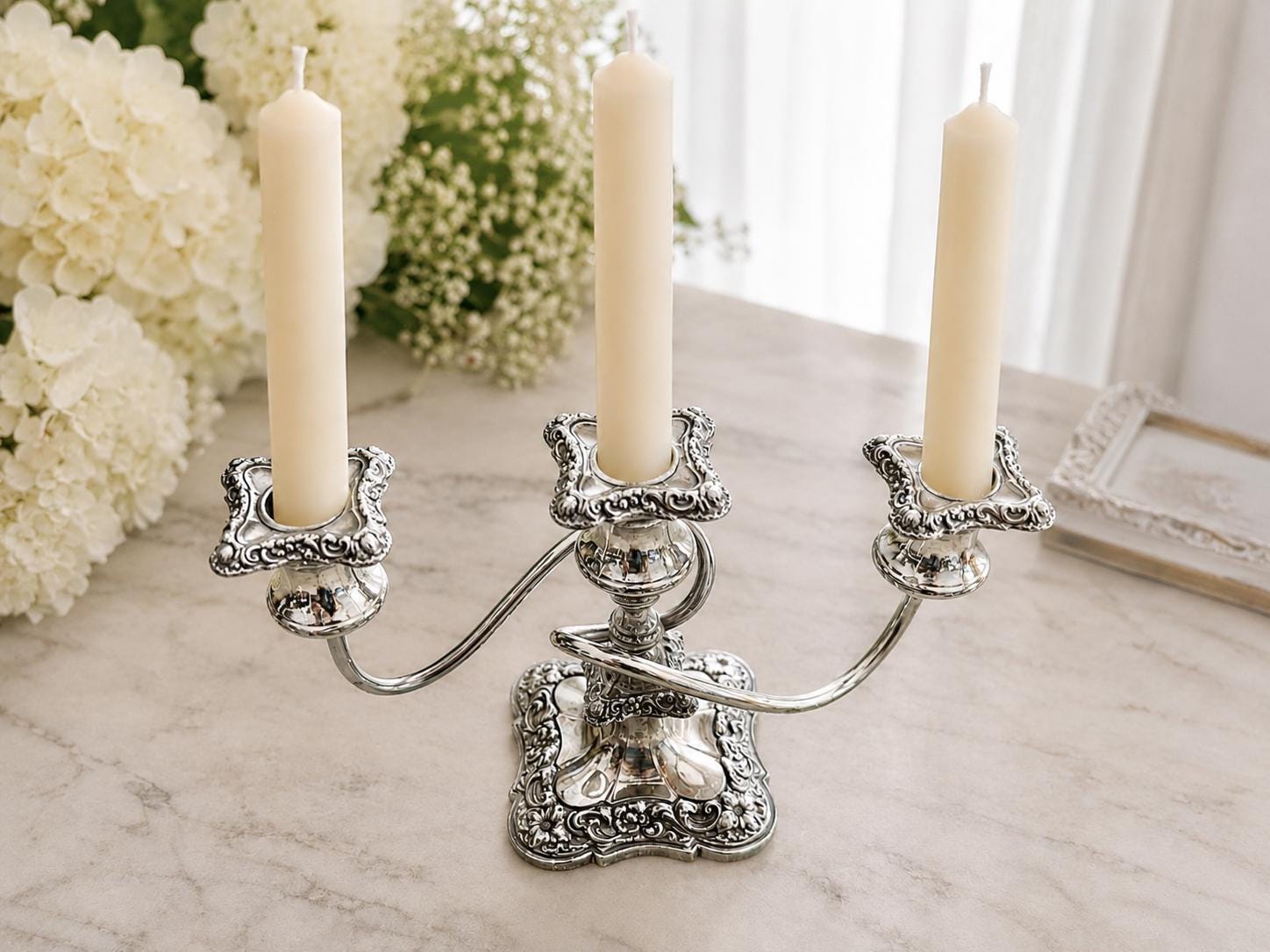 Vintage Ornate Silverplate Three-Light Candelabrum | Rococo Style Candle Holder | Elegant Table Centerpiece