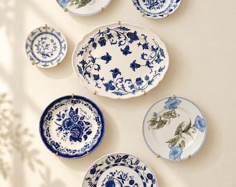 Vintage Blue & White Botanical Wall Plate Gallery — 7 Piece Curated Collection