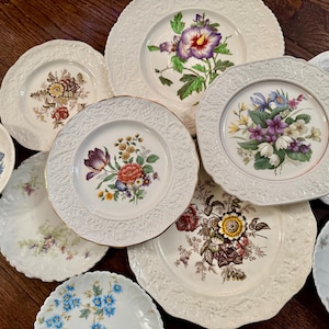 May include: A collection of ten ceramic plates and one small bowl featuring various floral patterns, including purple, red, yellow, and blue blossoms. The plates have embossed, textured rims in cream and white, with some displaying gold-toned edges.