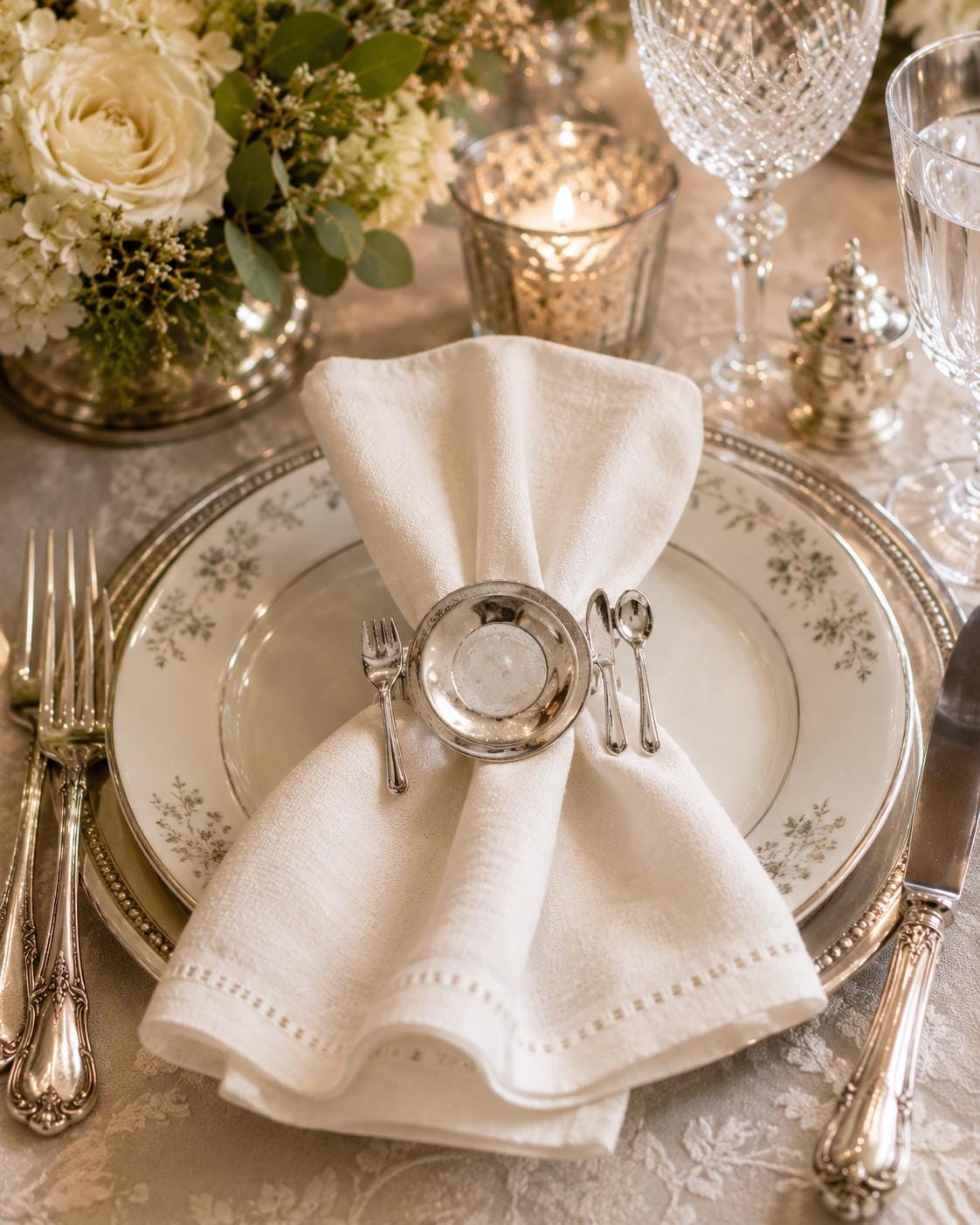 Vintage Silverplate Napkin Rings with Miniature Cutlery Accents – Set of 8 Elegant Table Setting Holders