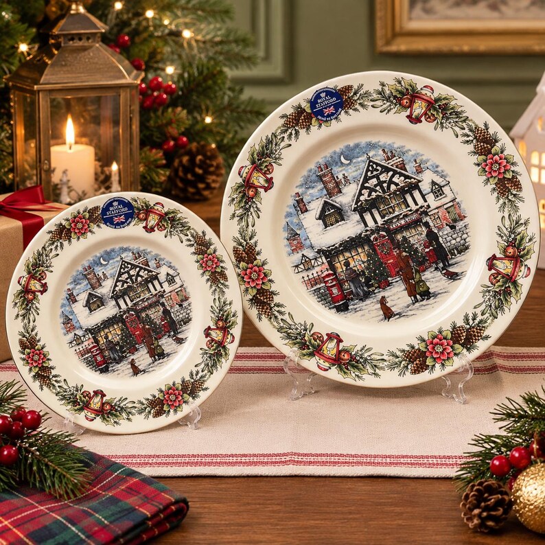 May include: Two cream-colored ceramic plates featuring a festive winter village scene with snow-covered buildings, people, and a red mailbox. The rims are decorated with a garland of pine cones, red flowers, and lanterns. Each plate has a Royal Stafford sticker.