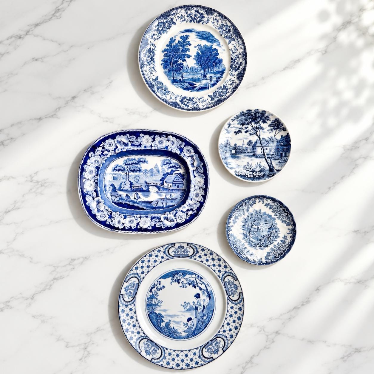 Rare Unique Antique Blue & White Transferware Wall Plate Collection – 5-Piece Assortment