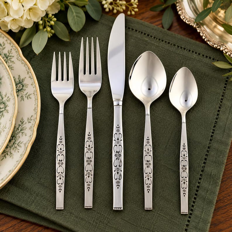 May include: A five-piece stainless steel flatware set consisting of a salad fork, dinner fork, dinner knife, soup spoon, and teaspoon. Each handle features a symmetrical, engraved floral pattern with intricate scrollwork and leaf details.