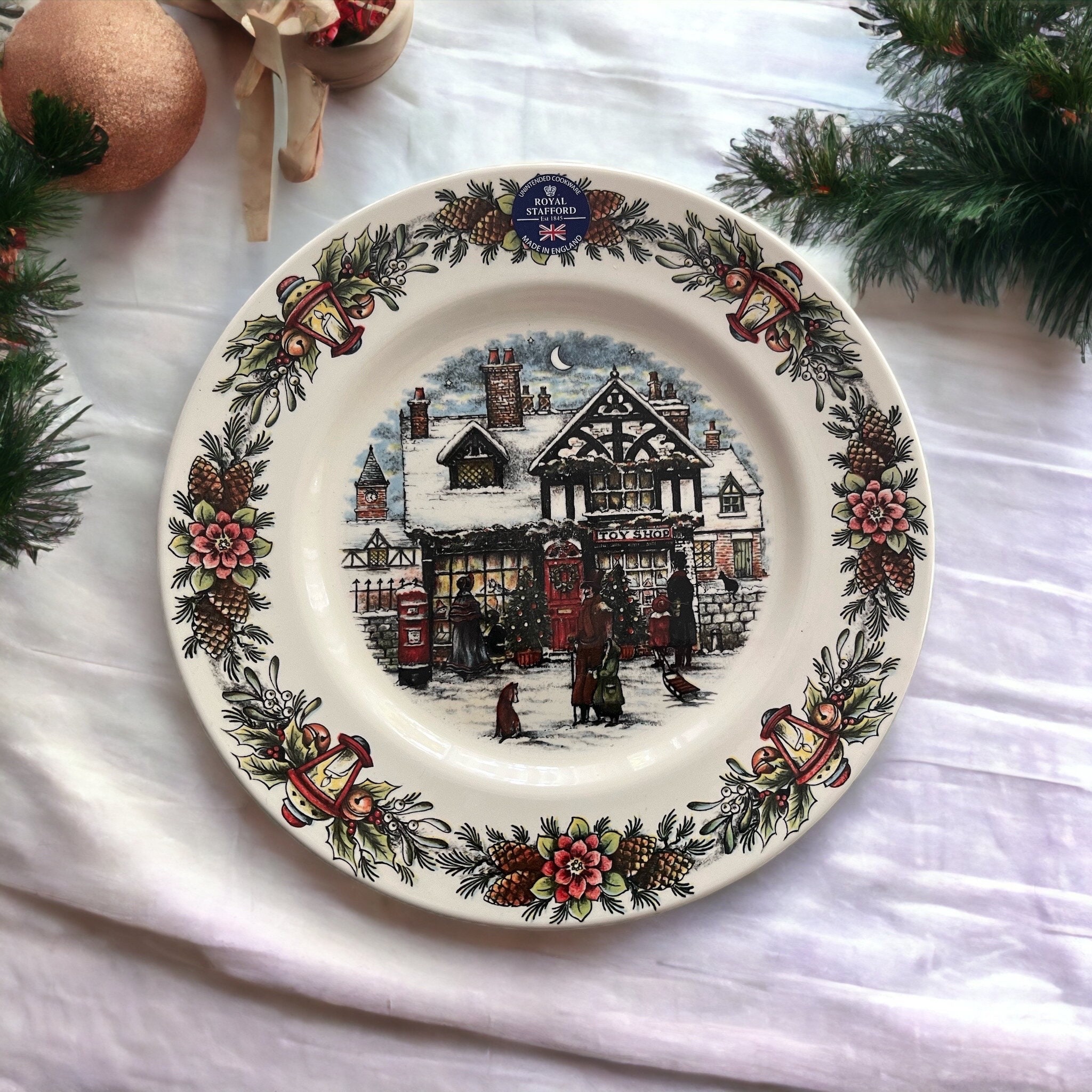 Royal Stafford Christmas Toy Shop Dinner & Salad Plates | English Snowy Village Holiday Tableware | Made in England