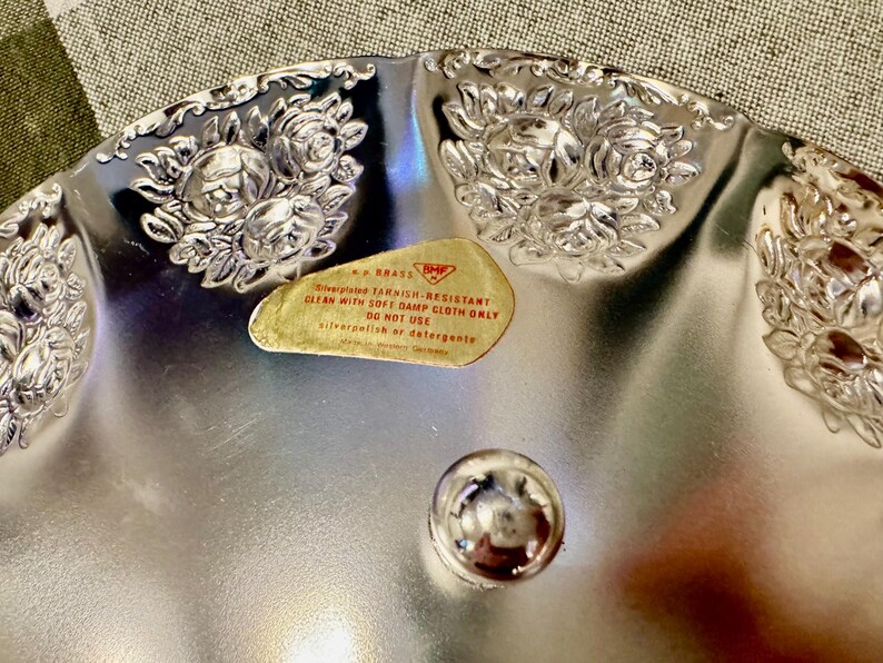 Vintage BMF Silverplated Footed Serving Bowl — Rose Embossed — Made in Western Germany image 5