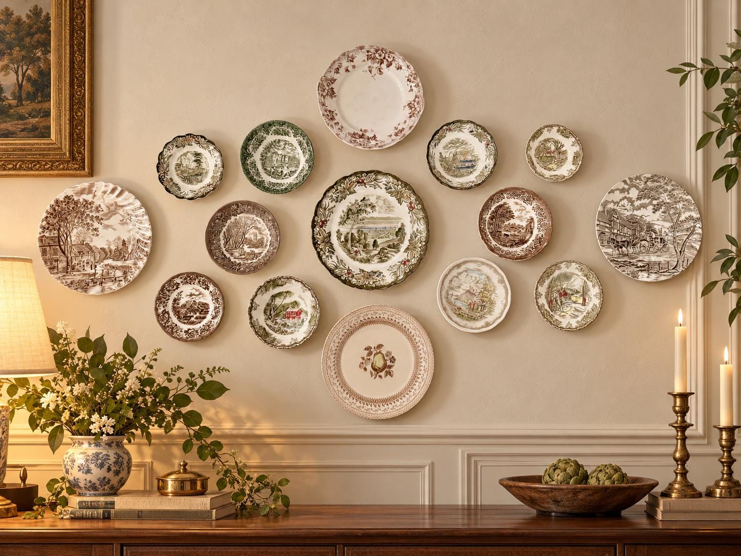 Gallery Wall Mismatched Set - England Farm Scenes in Brown & Green — 15 Plates