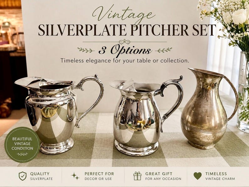 May include: Three silver-plated pitchers with varying shapes and handle designs. The left pitcher has an ornate handle, the center pitcher is rounded with a smooth handle, and the right pitcher has a tapered body. Text reads: Vintage SILVERPLATE PITCHER SET.