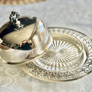 May include: A silver-plated serving dish with a domed lid and a decorative handle. The dish includes a clear glass insert and a silver tray with an openwork design. The reflective surface of the lid shows a distorted reflection.