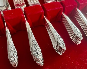 Könnte beinhalten: Nahaufnahme eines Sets aus silbernem Besteck, einschließlich Löffeln und Gabeln, mit einem floralen Design an den Griffen. Das Besteck ist auf einer roten Samtoberfläche angeordnet und erzeugt einen auffälligen Kontrast.