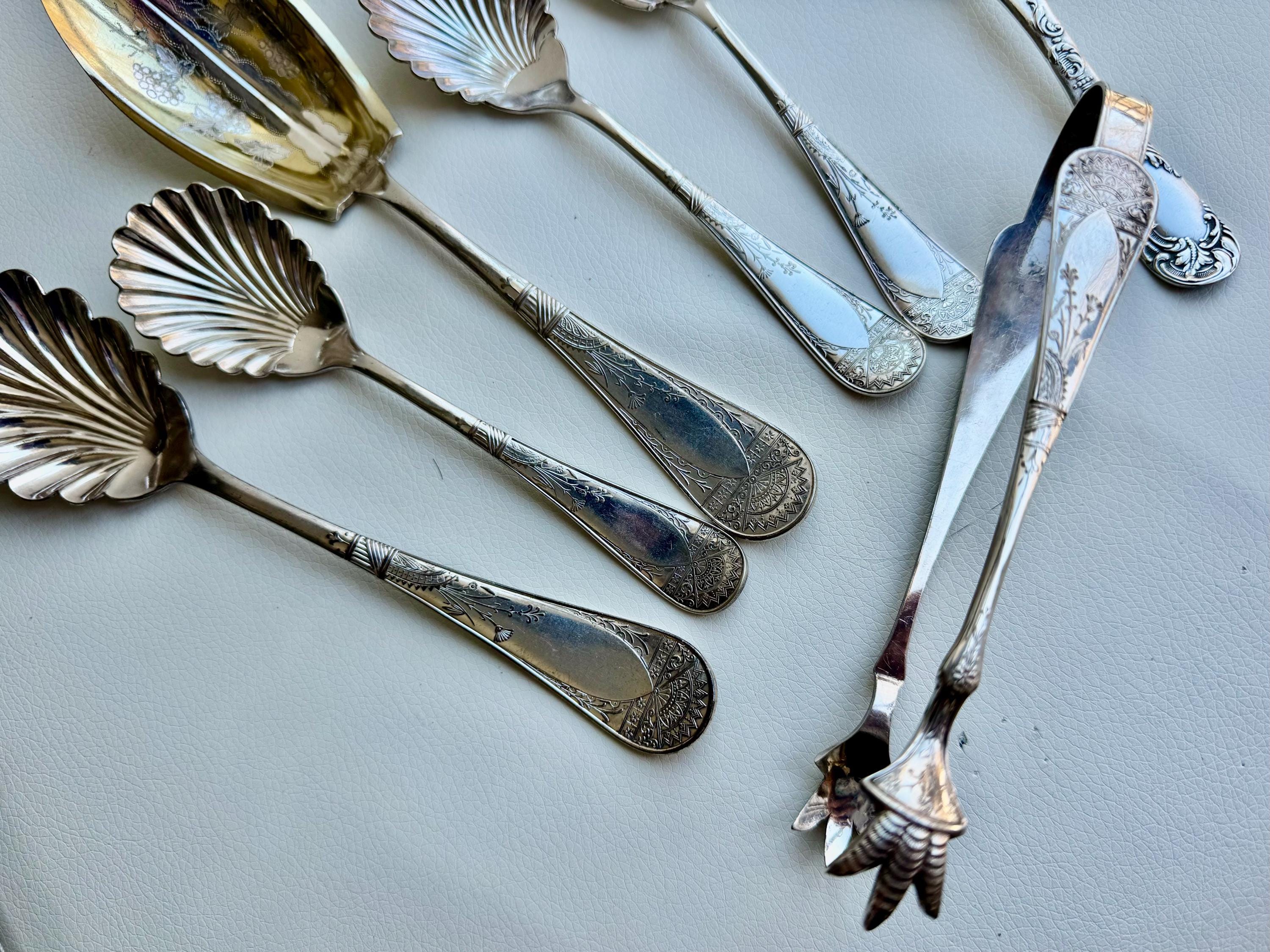Antique Art Nouveau Silver Plated Serving Set: Shell & Floral Design, 7-Piece