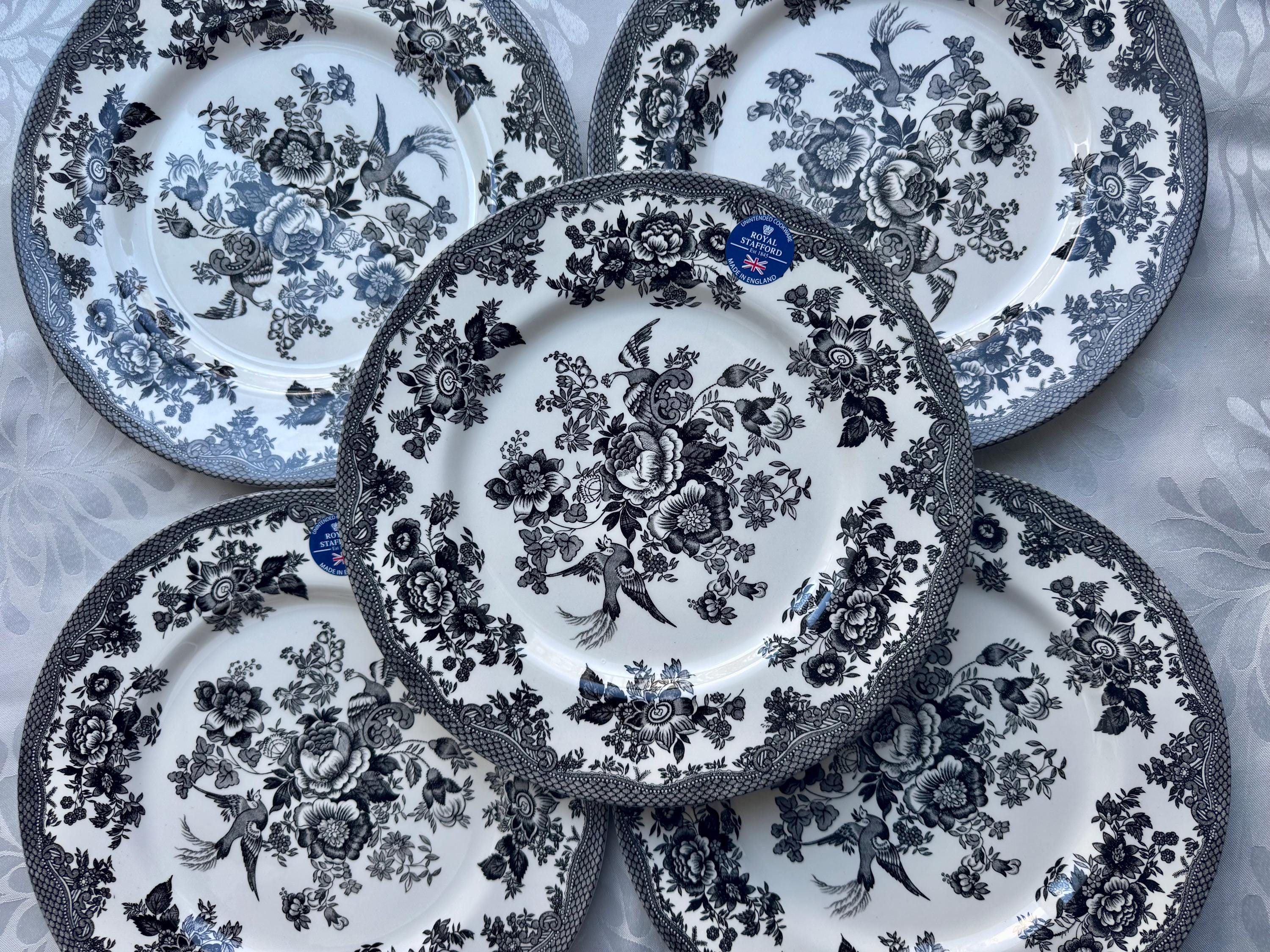 Royal Stafford Asiatic Pheasant Plates or Bowls - Black Transferware Set