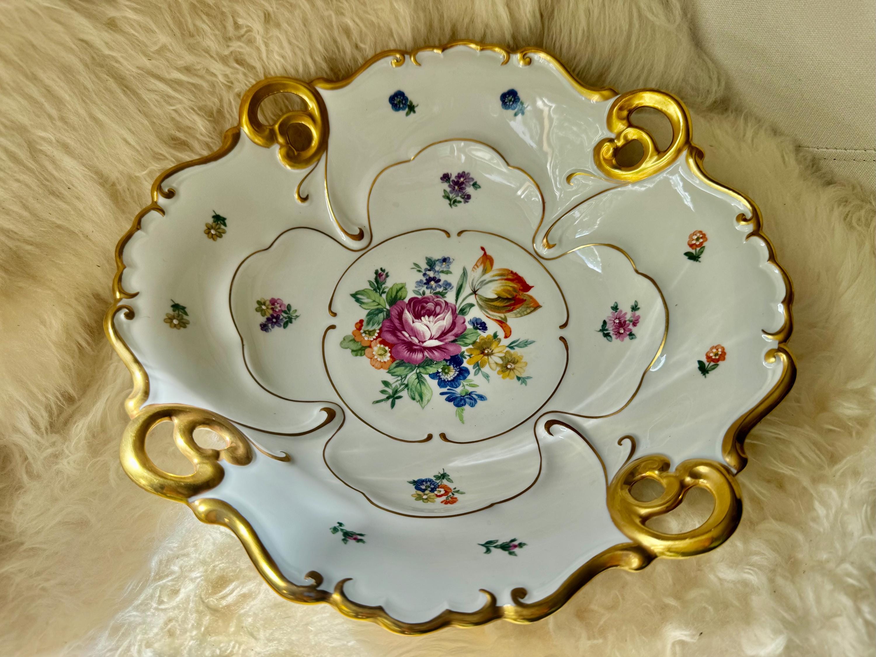 Vintage JLMENAU Graf von Henneberg Hand Enameled Reticulated Floral Dish – Ornate Gold Rococo Handles