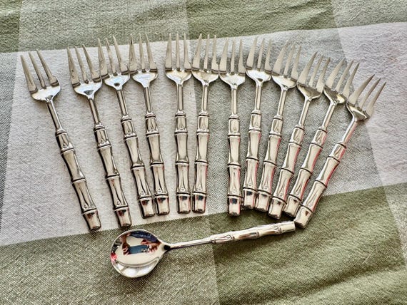 Vintage Italian Silver Plated Bamboo Flatware Set – 12 Hors d’Oeuvres Forks & Sugar Spoon