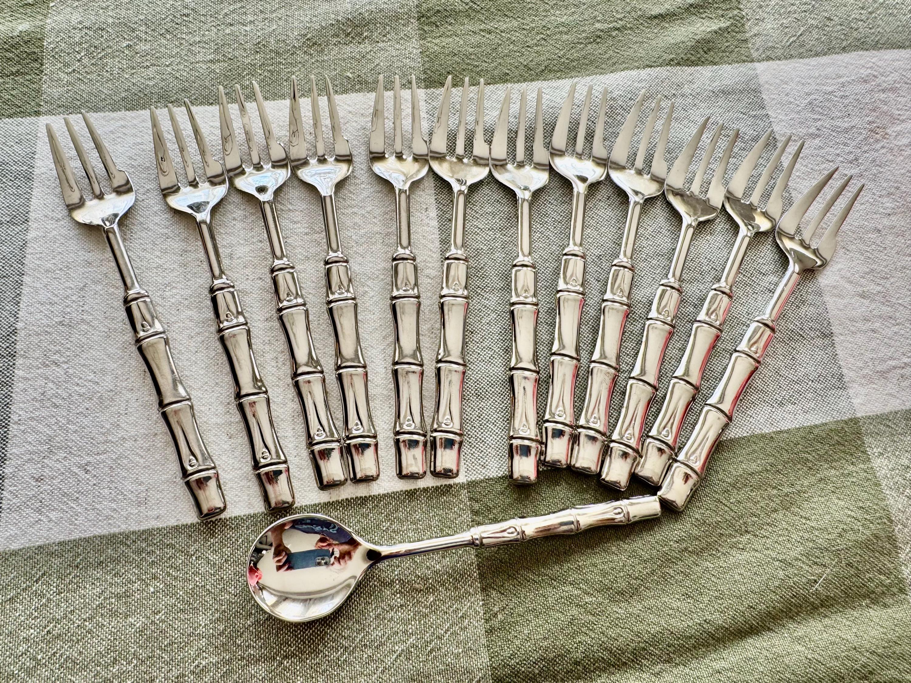 Vintage Italian Silver Plated Bamboo Flatware Set – 12 Hors d’Oeuvres Forks & Sugar Spoon