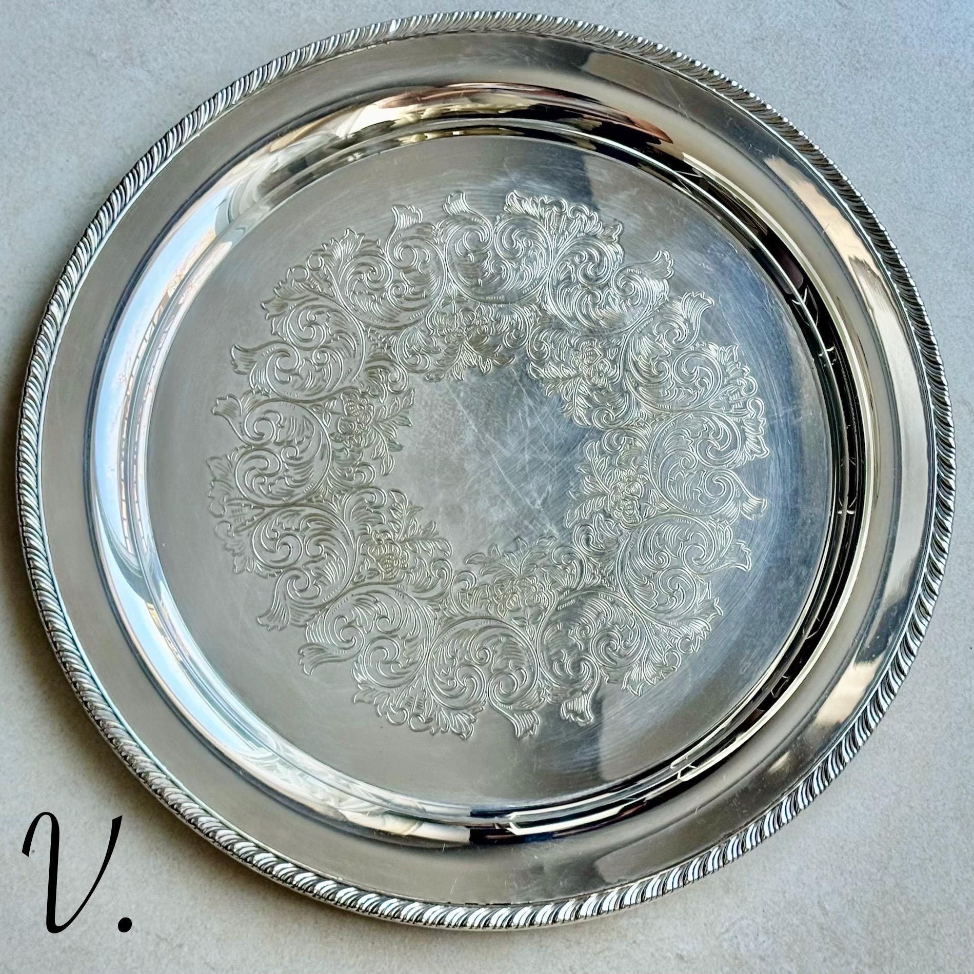 Vintage Silver-Plated Round Tray Collection – Ornate Etched Designs & Classic Makers – Sold Individually