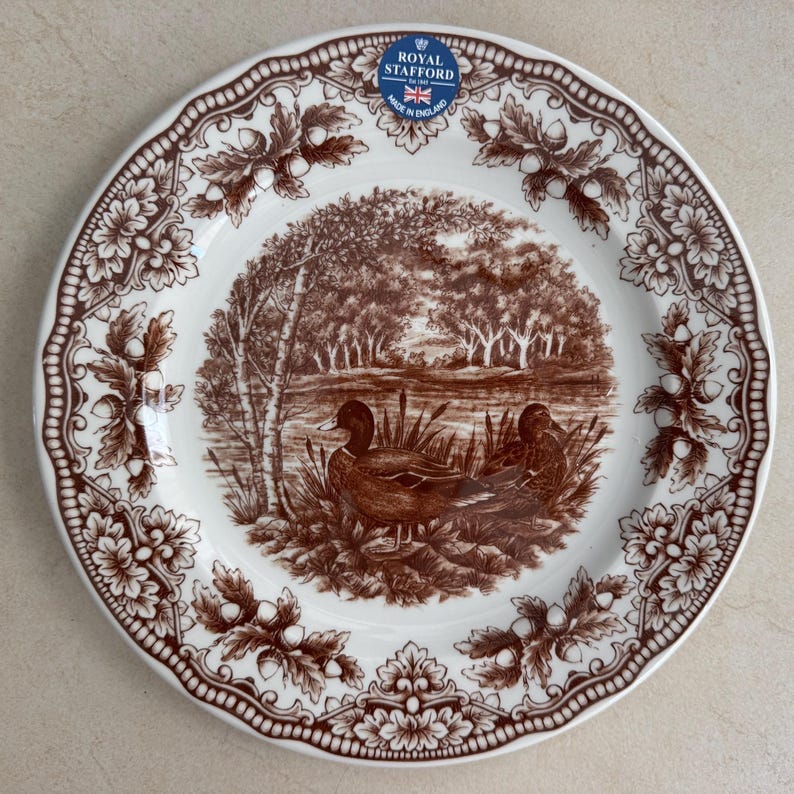 Royal Stafford Thanksgiving Wildlife Plates – Brown Transferware – Dinner & Salad Plates – Made in England Ducks Dinner Plate