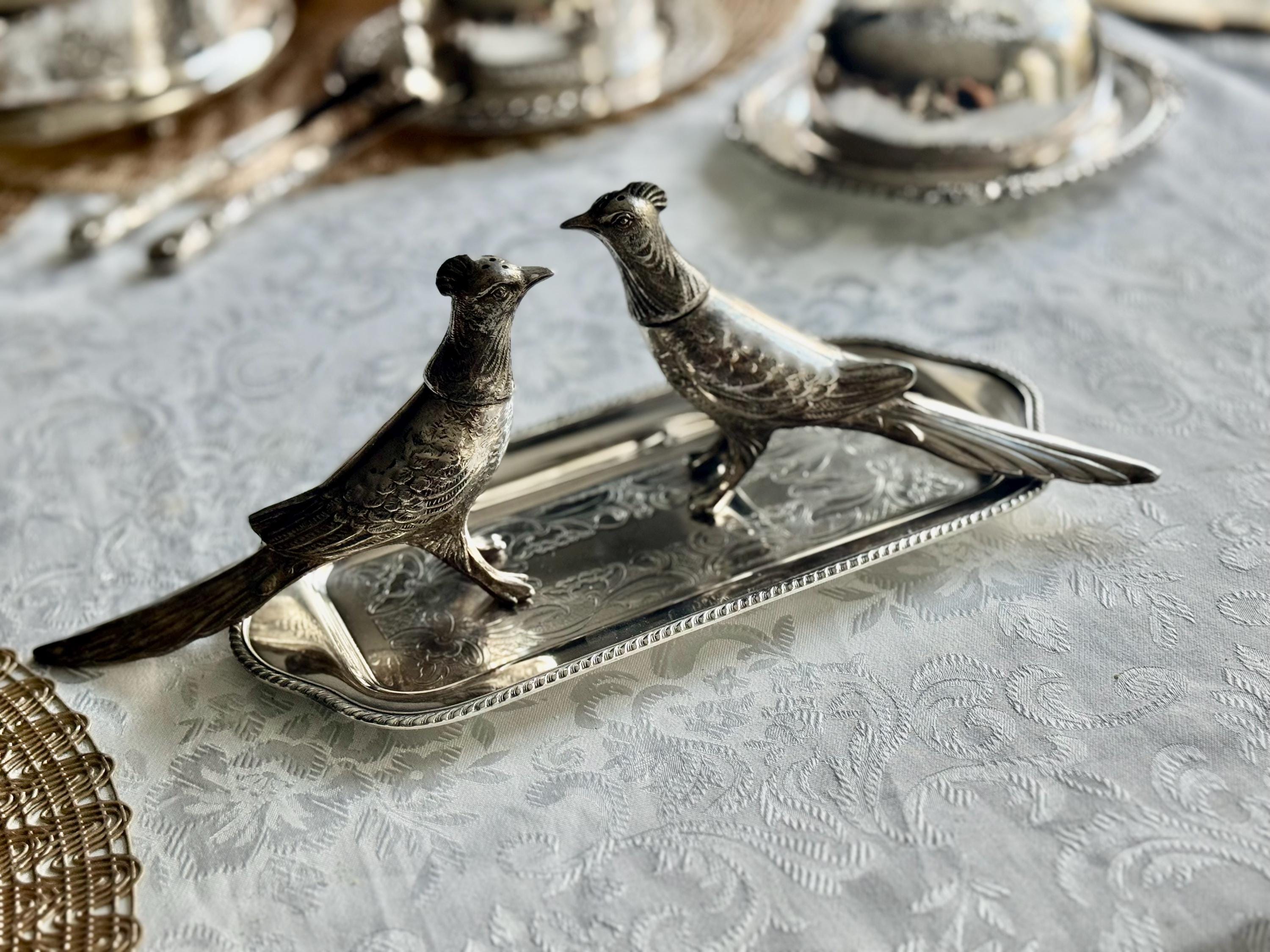 Exceptional & Rare Vintage Silverplate Pheasant Shakers — A Stunning Sculptural Pair — Silver Decor