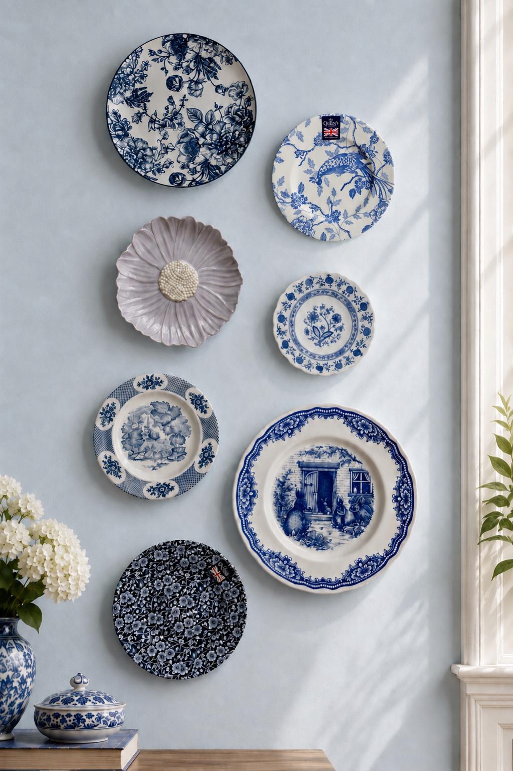 Gallery Wall Mismatched Set in Blue & Green - Collection of 7 Vintage Plates