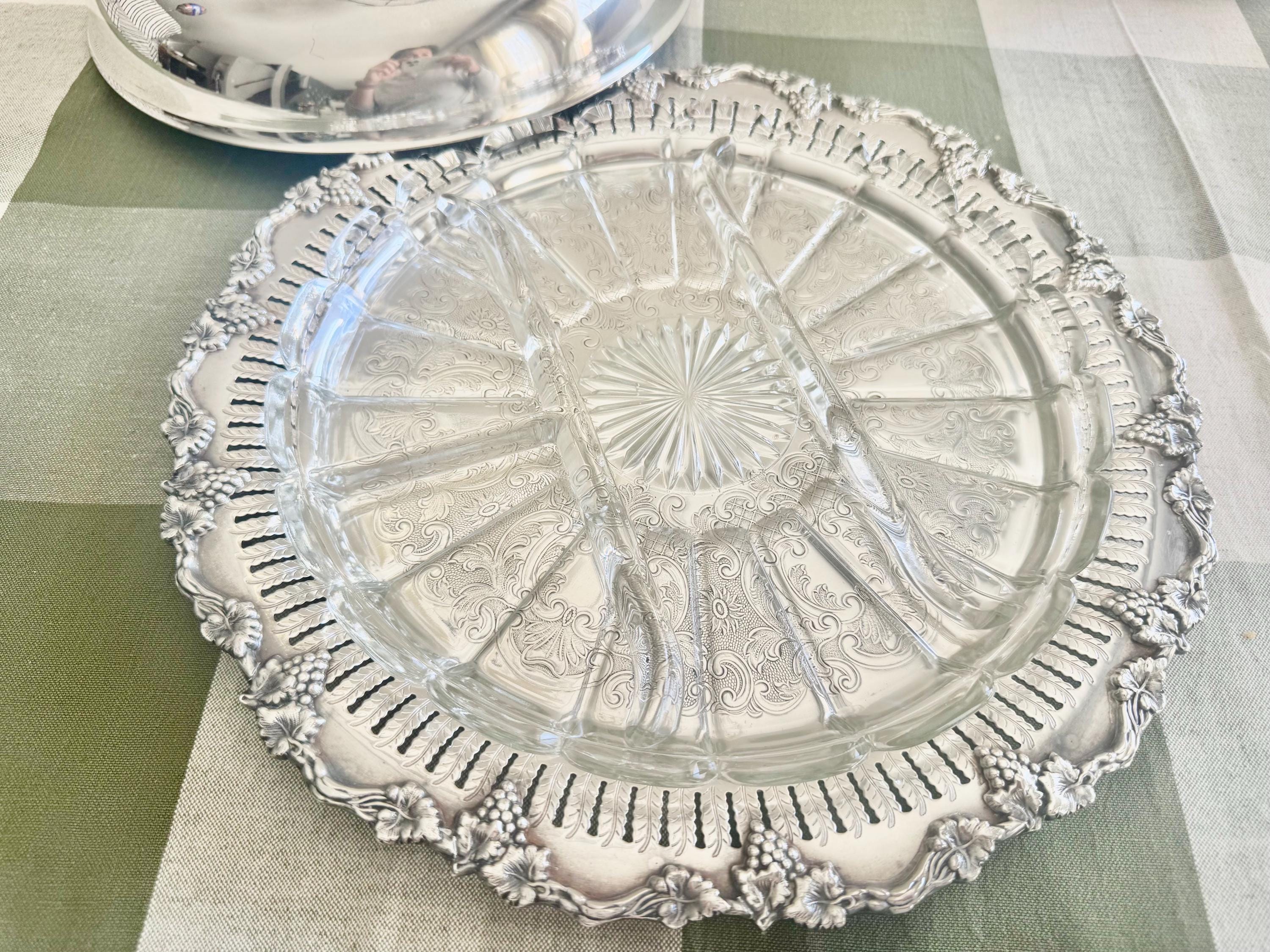 Fancy & Ornate Large Vintage Silver Plate Covered Dish with Glass Insert, Sheffield Reproduction