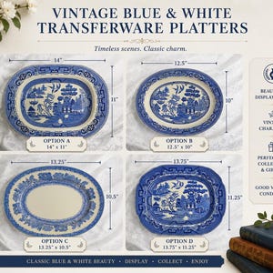 May include: Four oval and rectangular ceramic platters featuring blue and white transferware patterns. Option A measures 14 by 11 inches, Option B is 12.5 by 10 inches, Option C is 13.25 by 10.5 inches, and Option D is 13.75 by 11.25 inches.