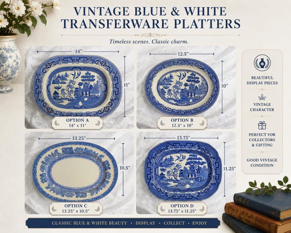 Antique or Vintage Blue White Transferware Platters | W. Ridgway Blue Willow 1912–1927, Royal Grafton Bone China, Wood & Sons England