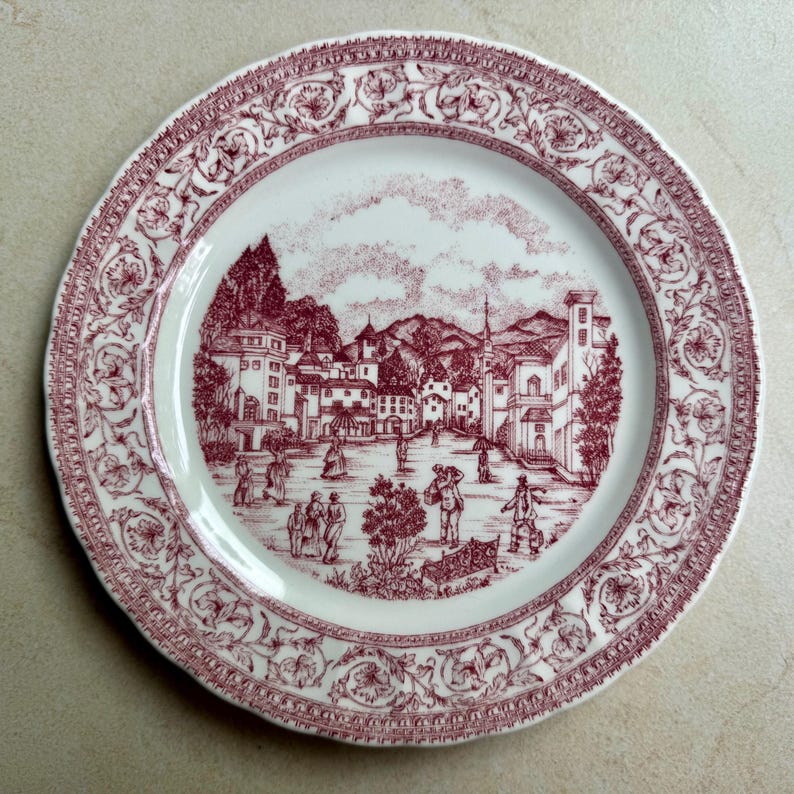 Vintage Red Transferware Plate Set – Country Village Scenes, Wall ...