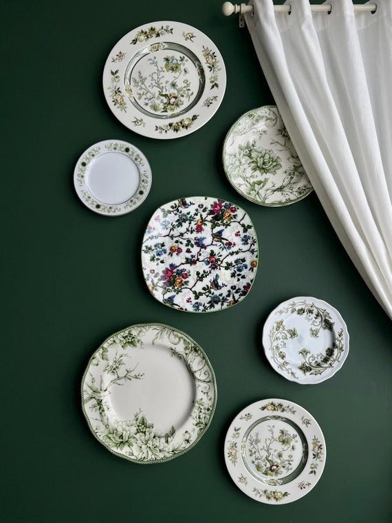 Vintage Green Botanical Plate Gallery Set – Mismatched Floral Collection (6 Plates)