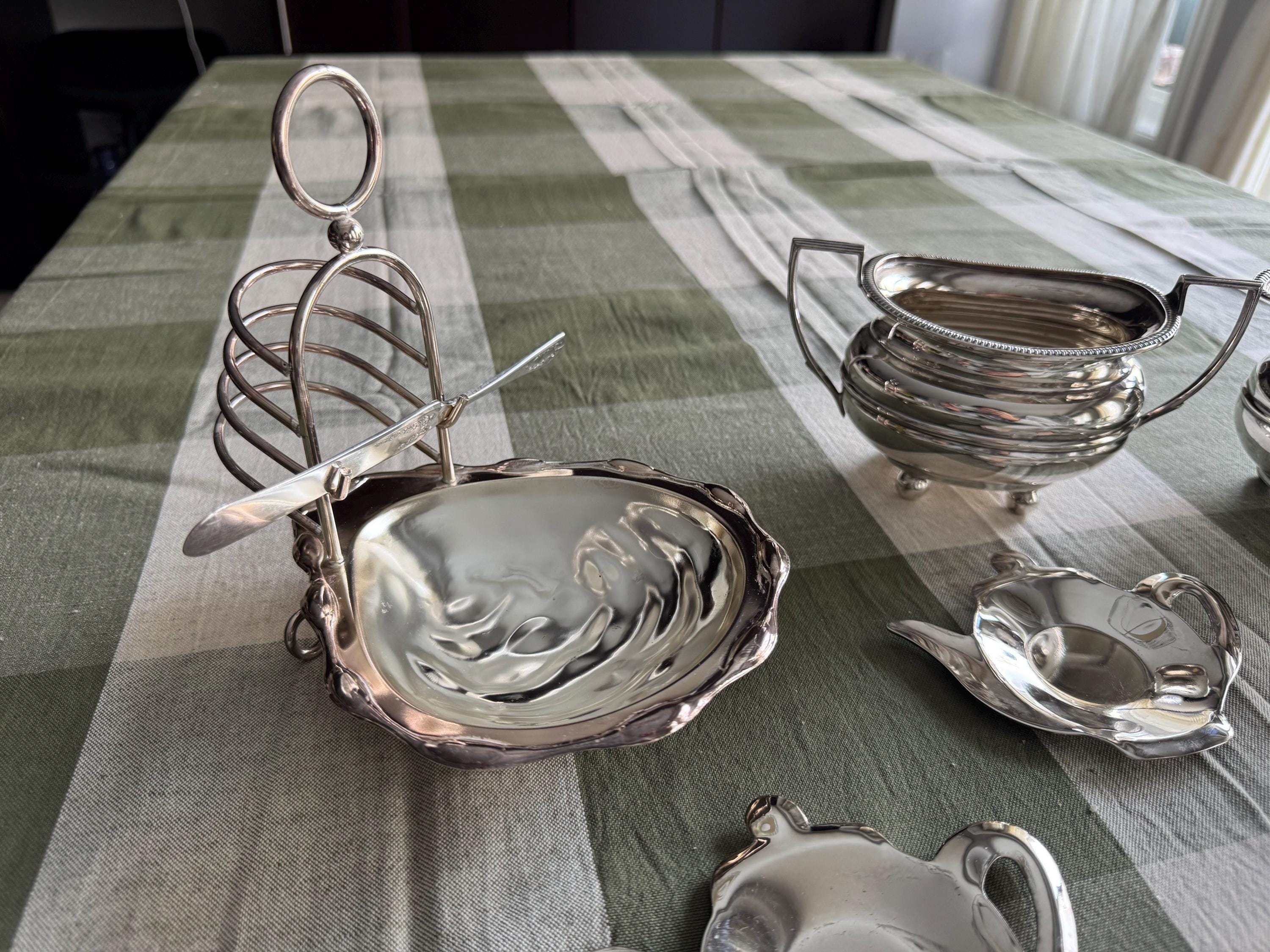 Vintage Silverplate Tea Accessories – English Toast Rack, Teabag Holder, Creamer & Sugar