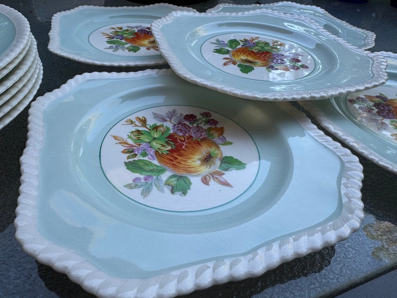 Puede incluir: Un juego de cinco platos de cer&aacute;mica azul claro con un borde blanco y un dise&ntilde;o de cuerda blanca. Cada plato presenta un dise&ntilde;o de frutas y bayas coloridas en el centro.