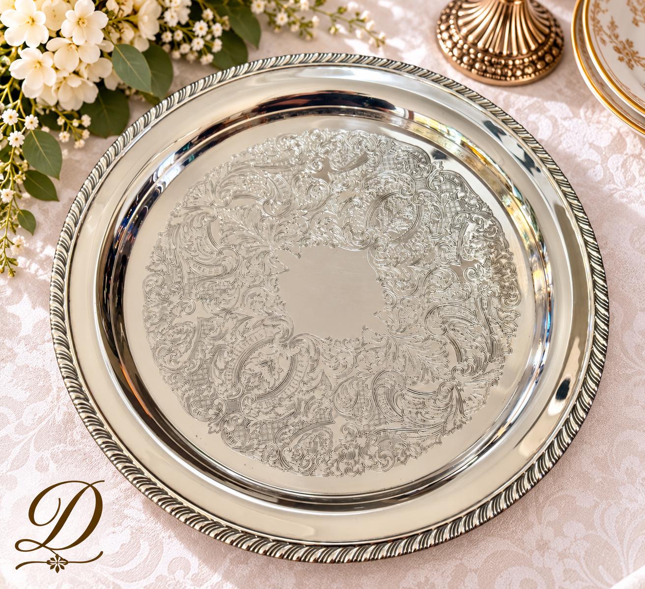 Vintage Silver-Plated Round Tray Collection – Ornate Etched Designs & Classic Makers – Sold Individually