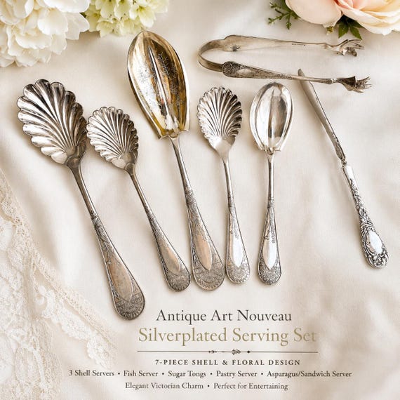 Antique Art Nouveau Silverplate Serving Set – Curated 7-Piece Collection | Shell Motif | Victorian Tableware