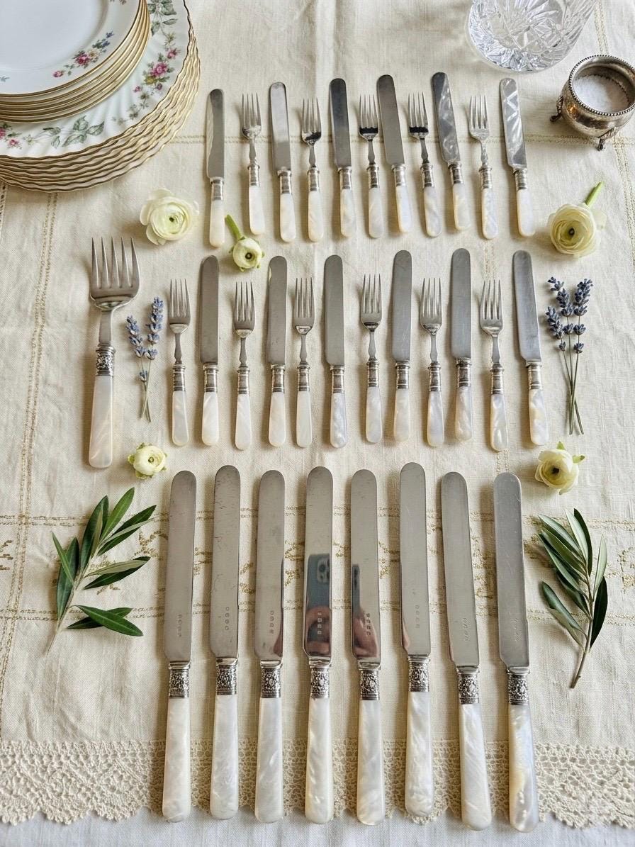 Antique Mother of Pearl Flatware — Sterling Silver Mounts — Curated Sets with Optional Serving Piece