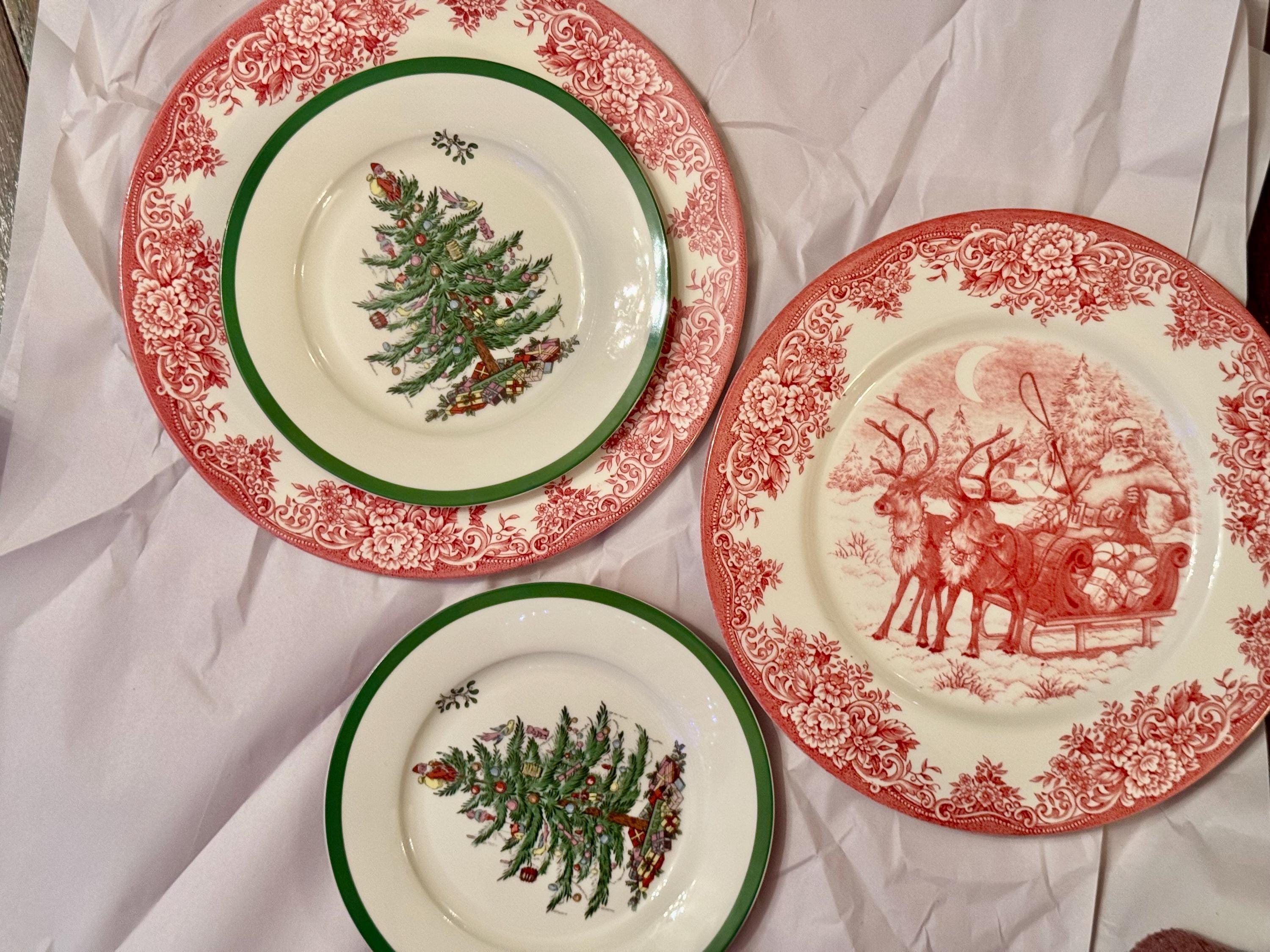Transferware Christmas Plates — Santa's Sleigh & Spode Tree