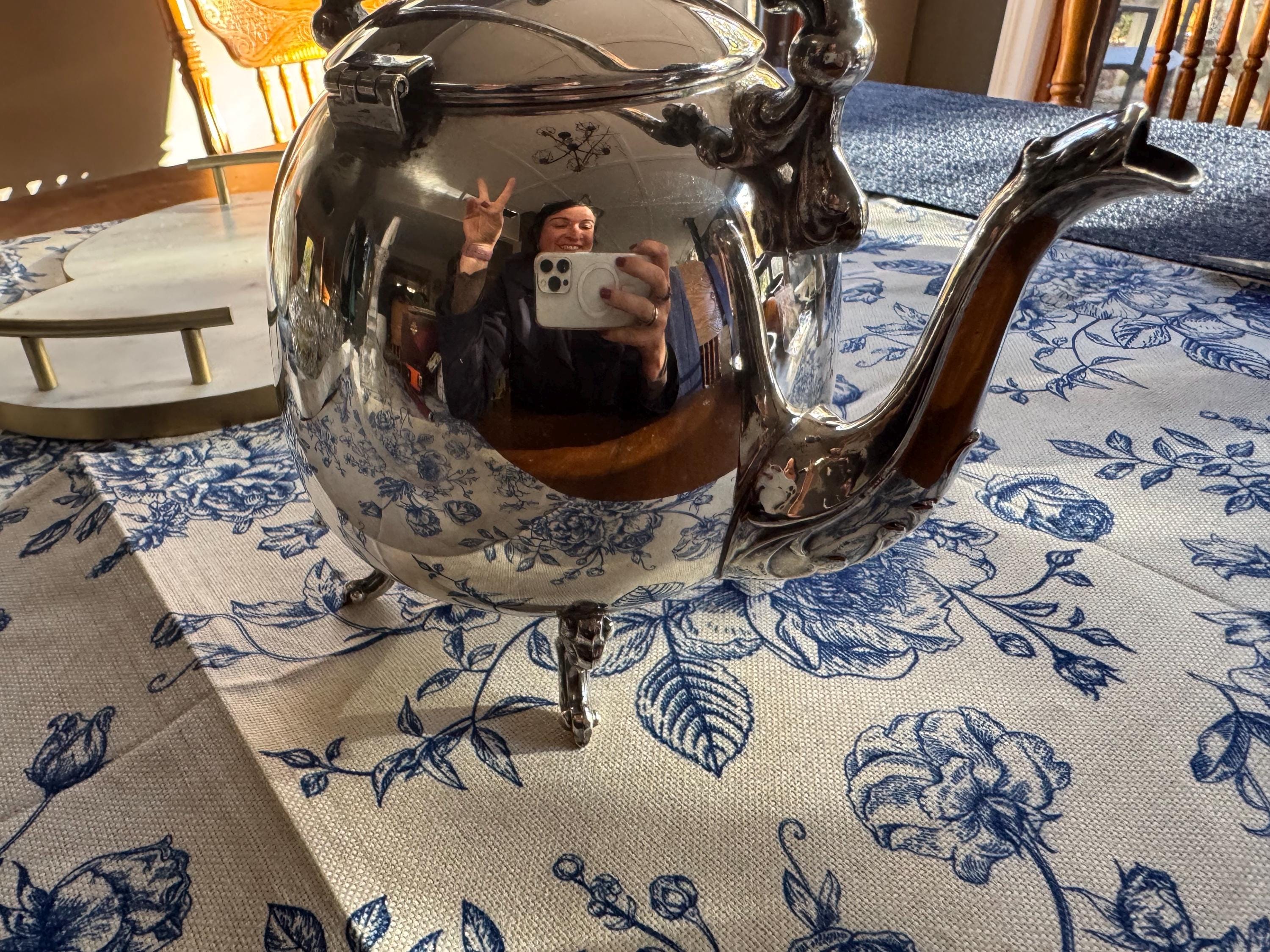 Vintage Sheridan Silver on Copper Teapot – Ornate Footed Silverplate Tea Pot