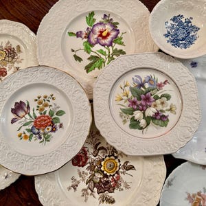 May include: A collection of ceramic plates and bowls featuring embossed rims and various floral patterns. The designs include colorful bouquets of tulips, roses, and violets, alongside a blue and white floral bowl, all arranged on a dark surface.