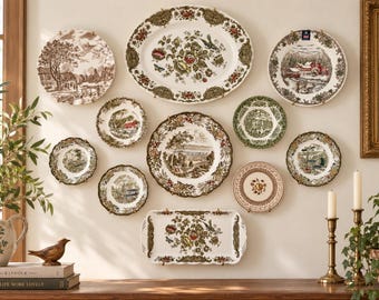 Vintage English Transferware Wall Gallery – 11 Piece Mixed Brown, Green & Multicolor Plate Collection