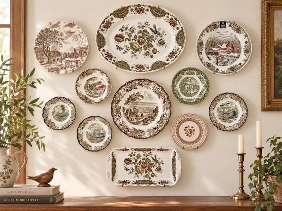 Vintage English Transferware Wall Gallery – 11 Piece Mixed Brown, Green & Multicolor Plate Collection