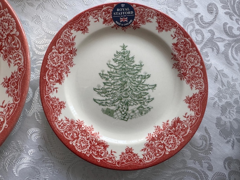 New Vintage Style Transferware - Red Christmas Plates - Christmas Eve Santa - Royal Stafford England image 6