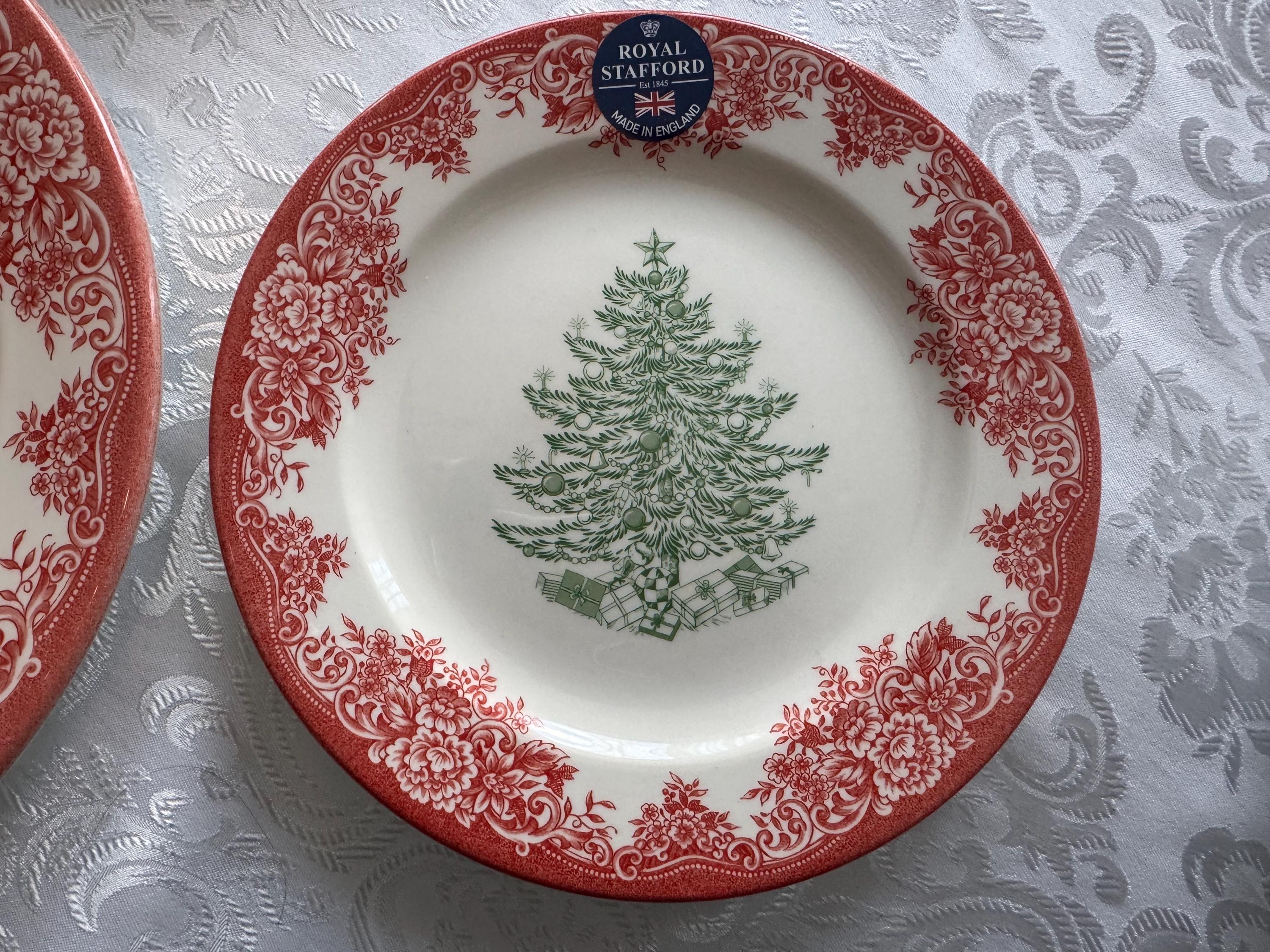 New Vintage Style Transferware - Red Christmas Plates - Christmas Eve Santa - Royal Stafford England