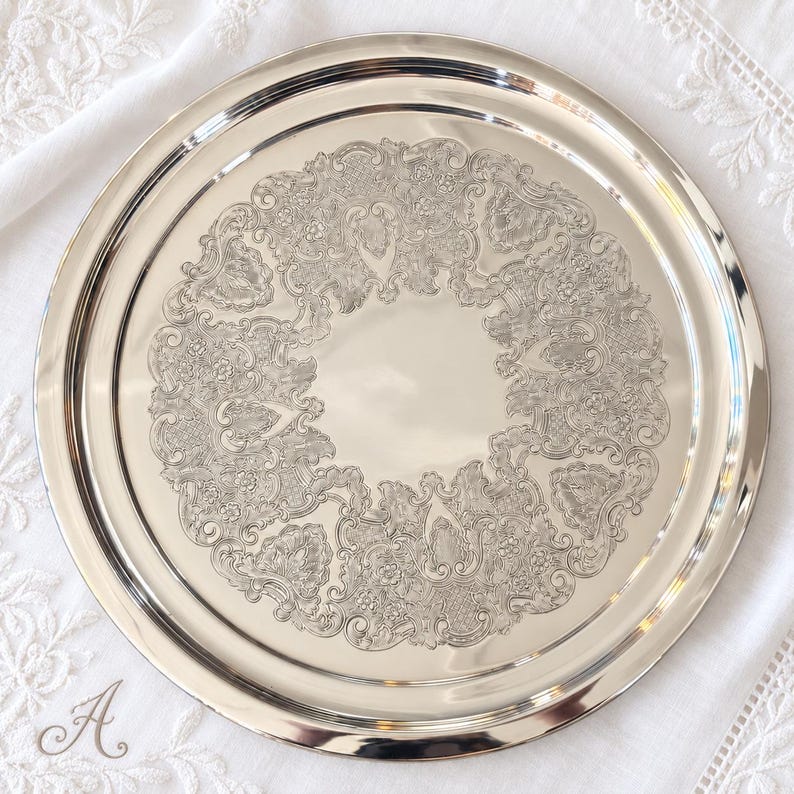 Vintage Silver-Plated Round Tray Collection – Ornate Etched Designs & Classic Makers – Sold Individually A. Heavy Tankard 10”