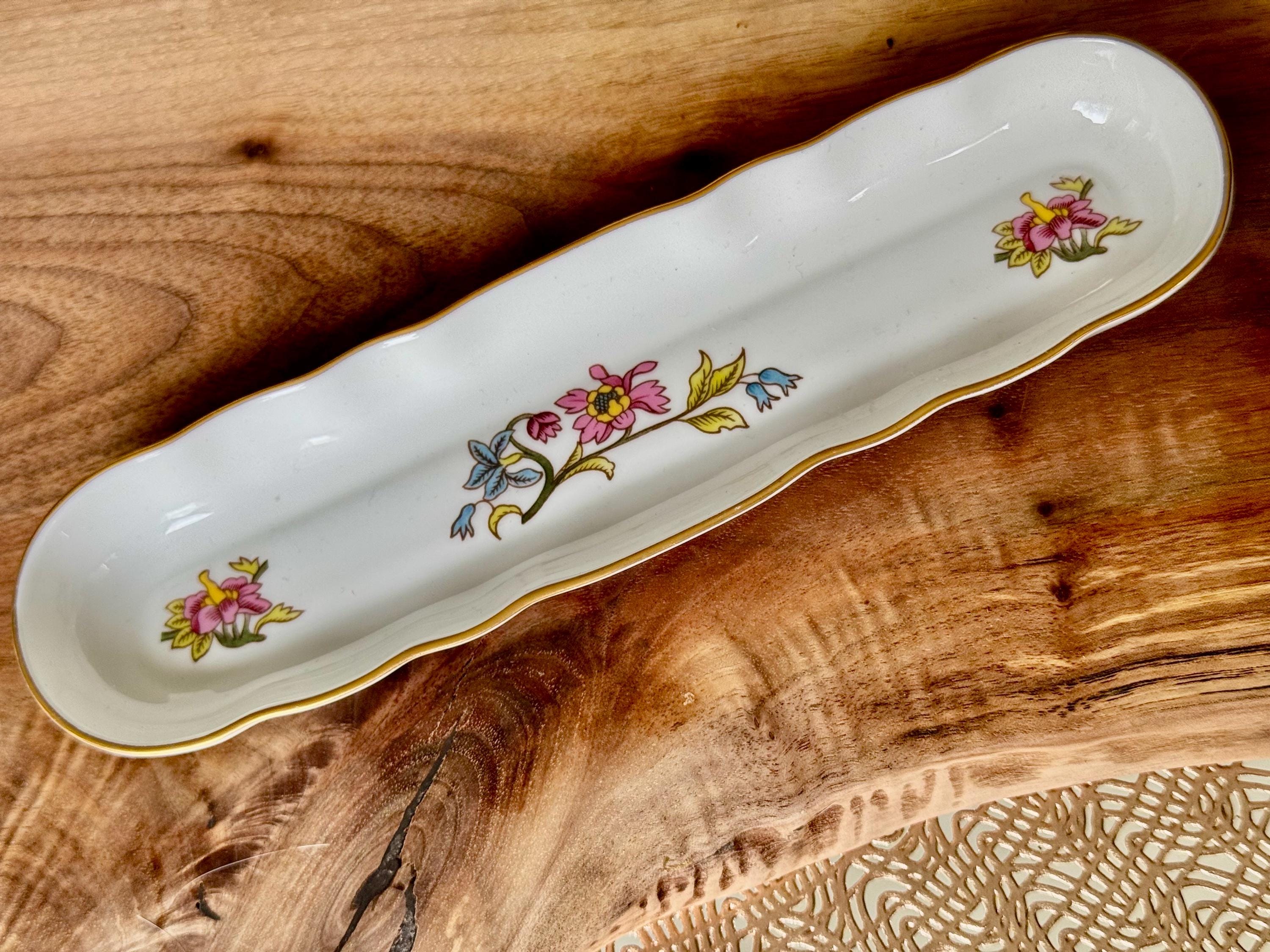 Vintage English Bone China Olive Tray: Pink Roses, Gold Trim