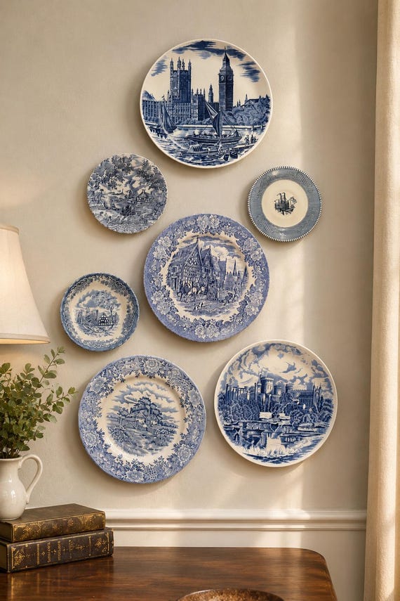 Vintage Blue & White Transferware Plates – English Countryside Scenes, Set of 7