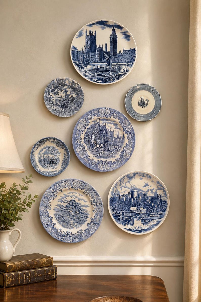 May include: A collection of six round ceramic plates displayed on a wall, each featuring blue and white transferware patterns. The designs include architectural landmarks, rural landscapes, and intricate floral borders on various plate sizes.
